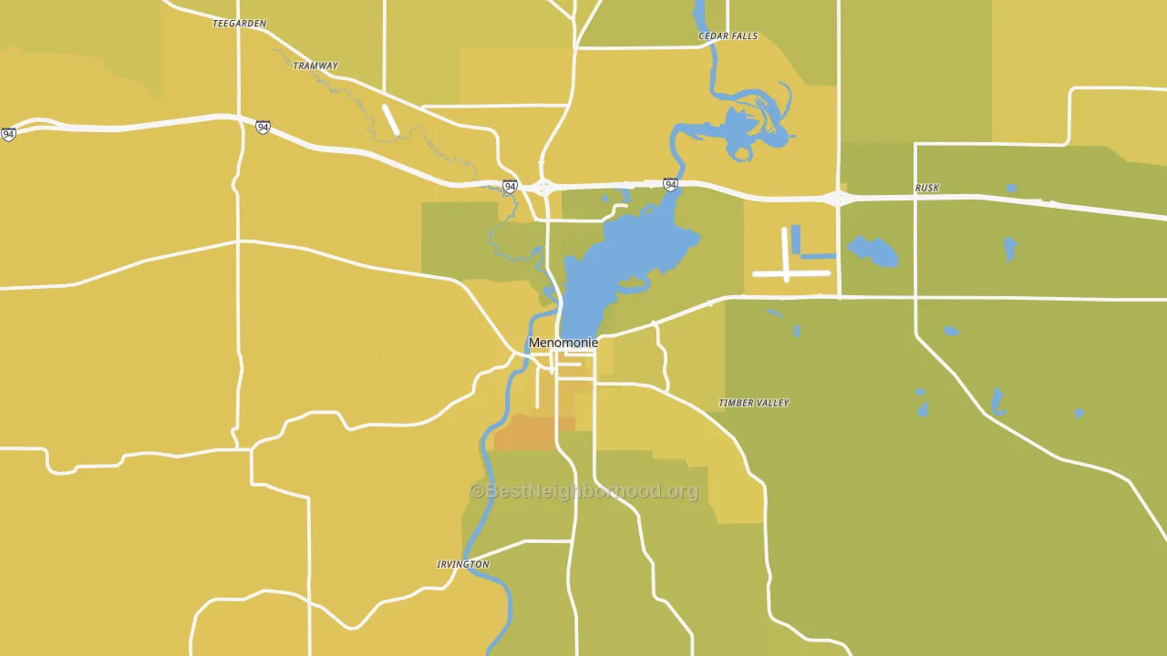 Map of the best neighborhoods in the Menomonie area, with better matches in green and worse matches in red
