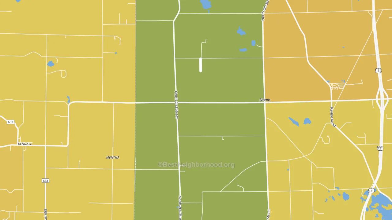 Map of the best neighborhoods in the Mentha area, with better matches in green and worse matches in red