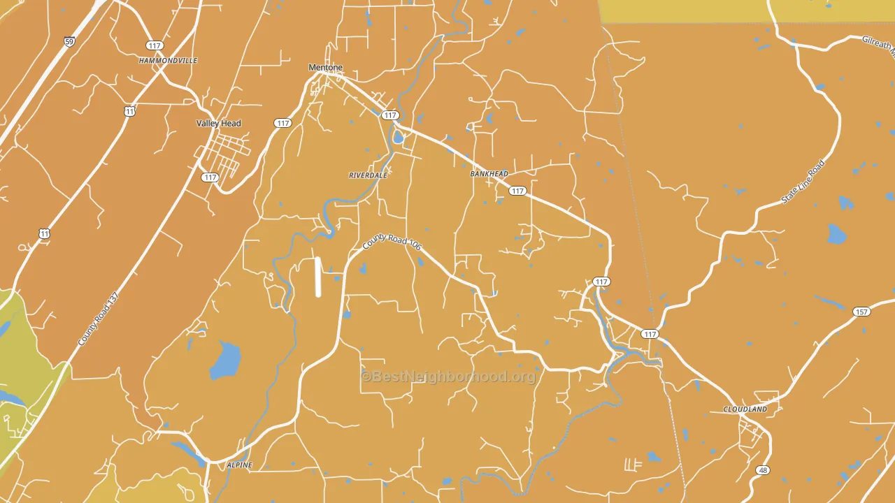 Map of the best neighborhoods in the Mentone area, with better matches in green and worse matches in red