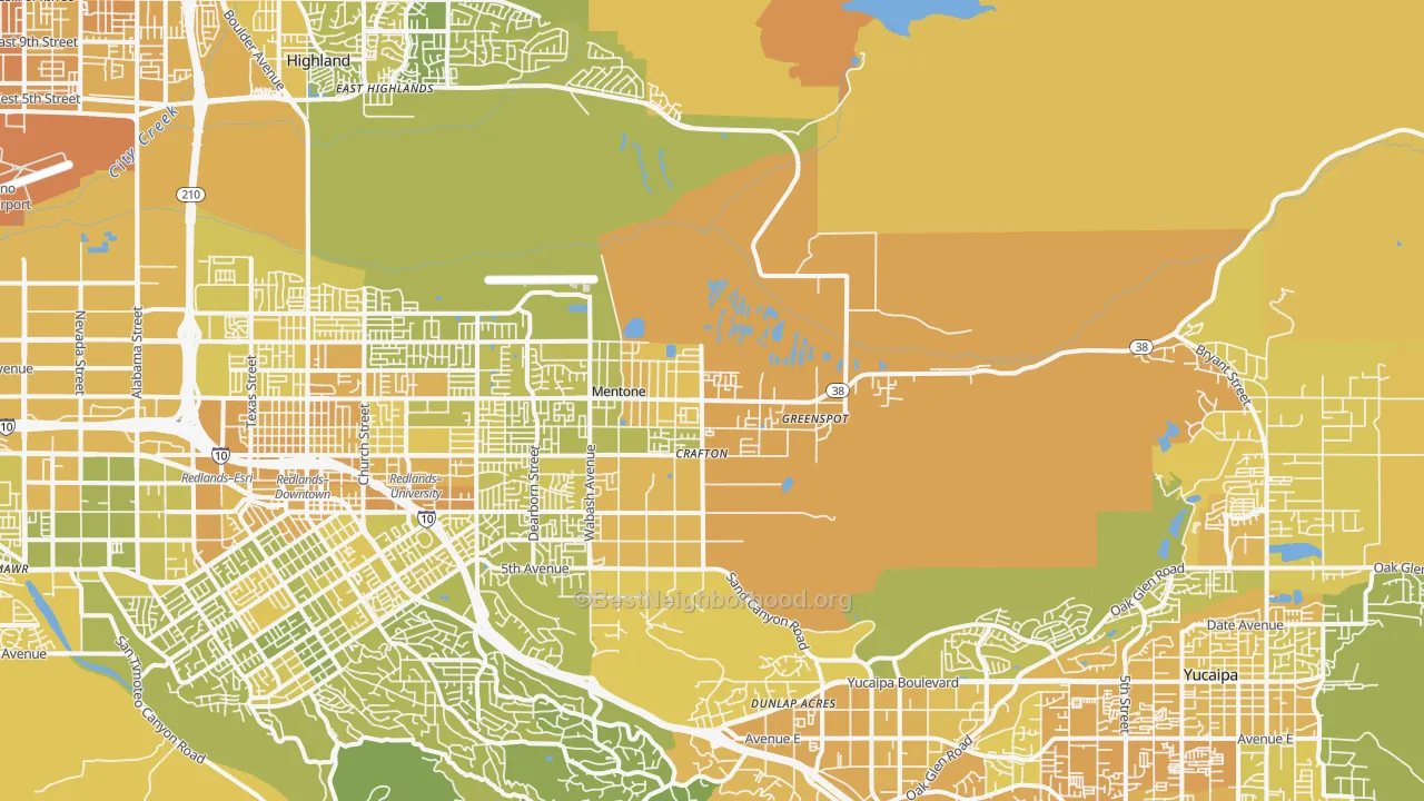 Map of the best neighborhoods in the Mentone area, with better matches in green and worse matches in red
