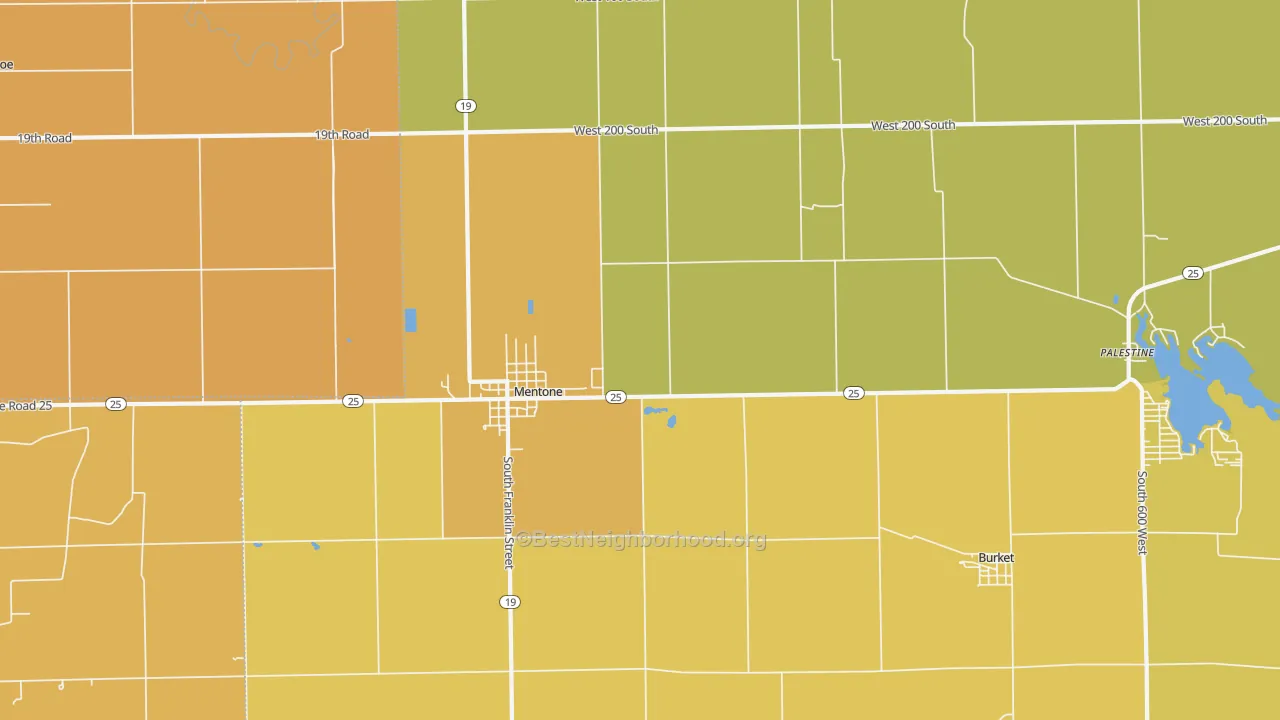 Map of the best neighborhoods in the Mentone area, with better matches in green and worse matches in red