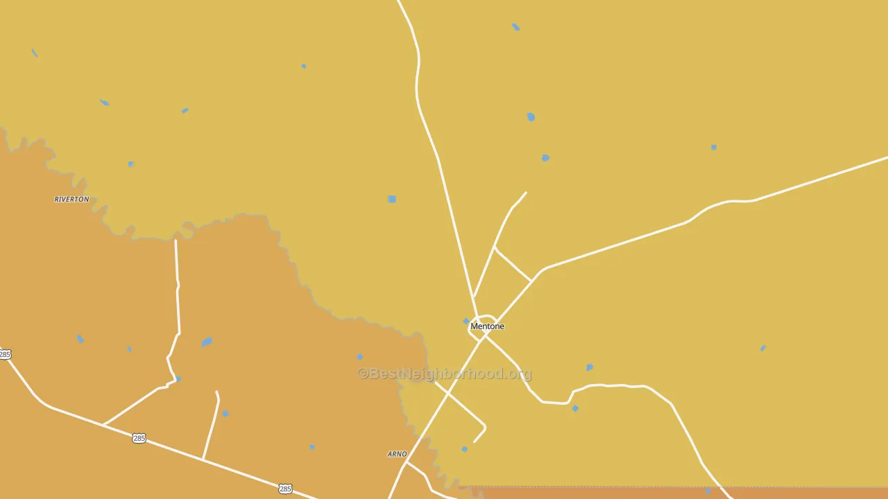 Map of the best neighborhoods in the Mentone area, with better matches in green and worse matches in red