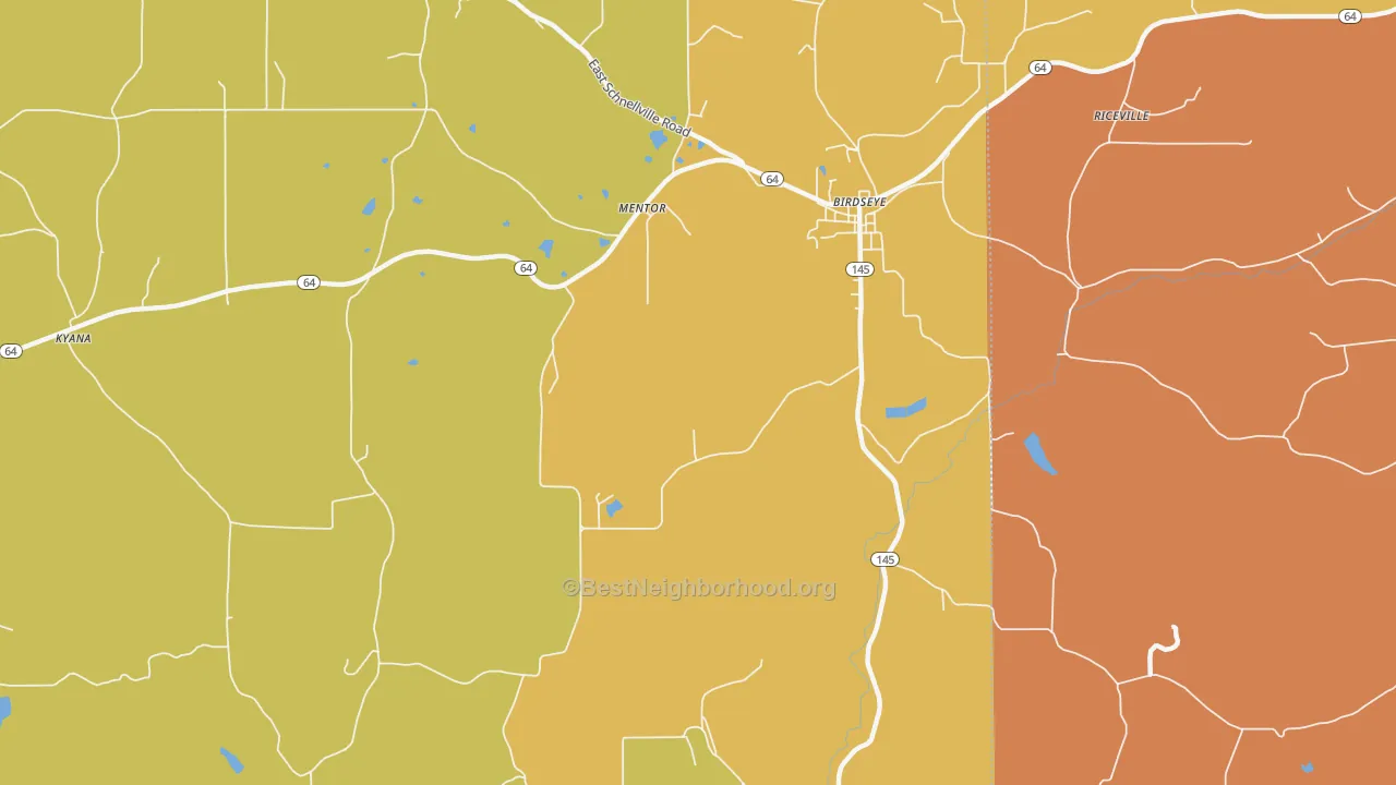 Map of the best neighborhoods in the Mentor area, with better matches in green and worse matches in red