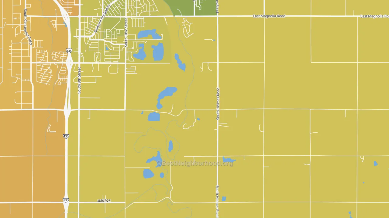 Map of the best neighborhoods in the Mentor area, with better matches in green and worse matches in red