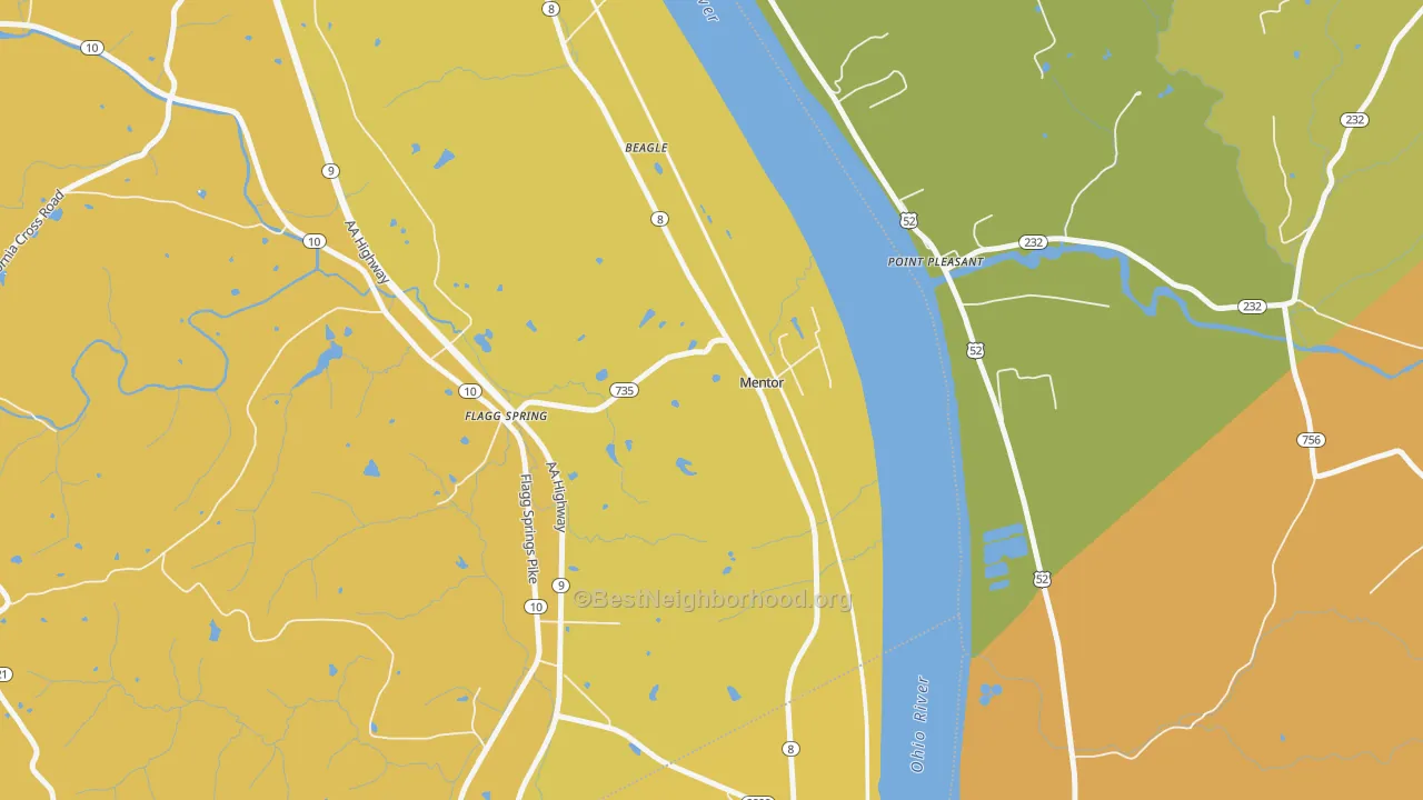 Map of the best neighborhoods in the Mentor area, with better matches in green and worse matches in red