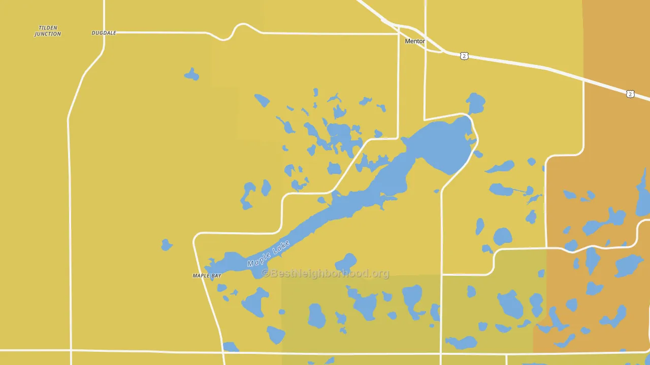 Map of the best neighborhoods in the Mentor area, with better matches in green and worse matches in red