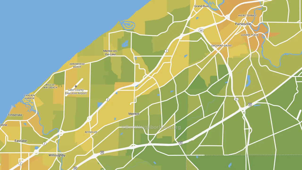 Map of the best neighborhoods in the Mentor area, with better matches in green and worse matches in red