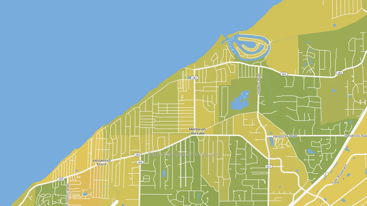Map of the best neighborhoods in the Mentor-on-the-Lake area, with better matches in green and worse matches in red