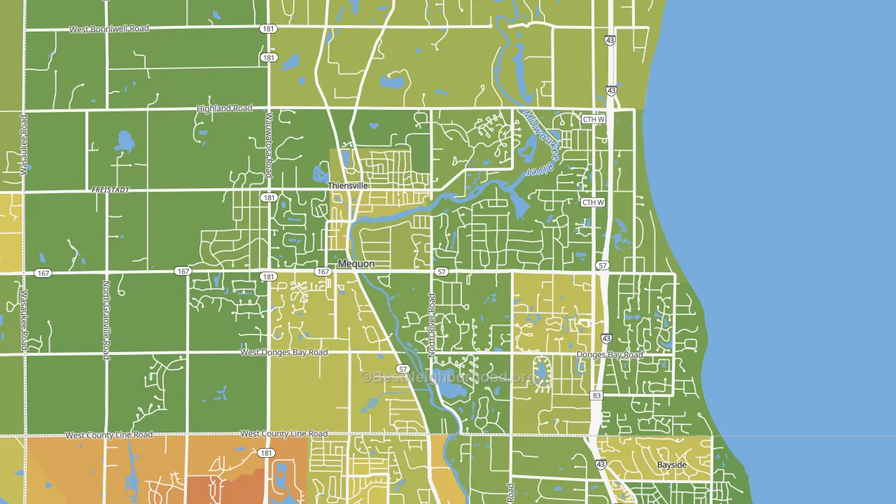 Map of the best neighborhoods in the Mequon area, with better matches in green and worse matches in red