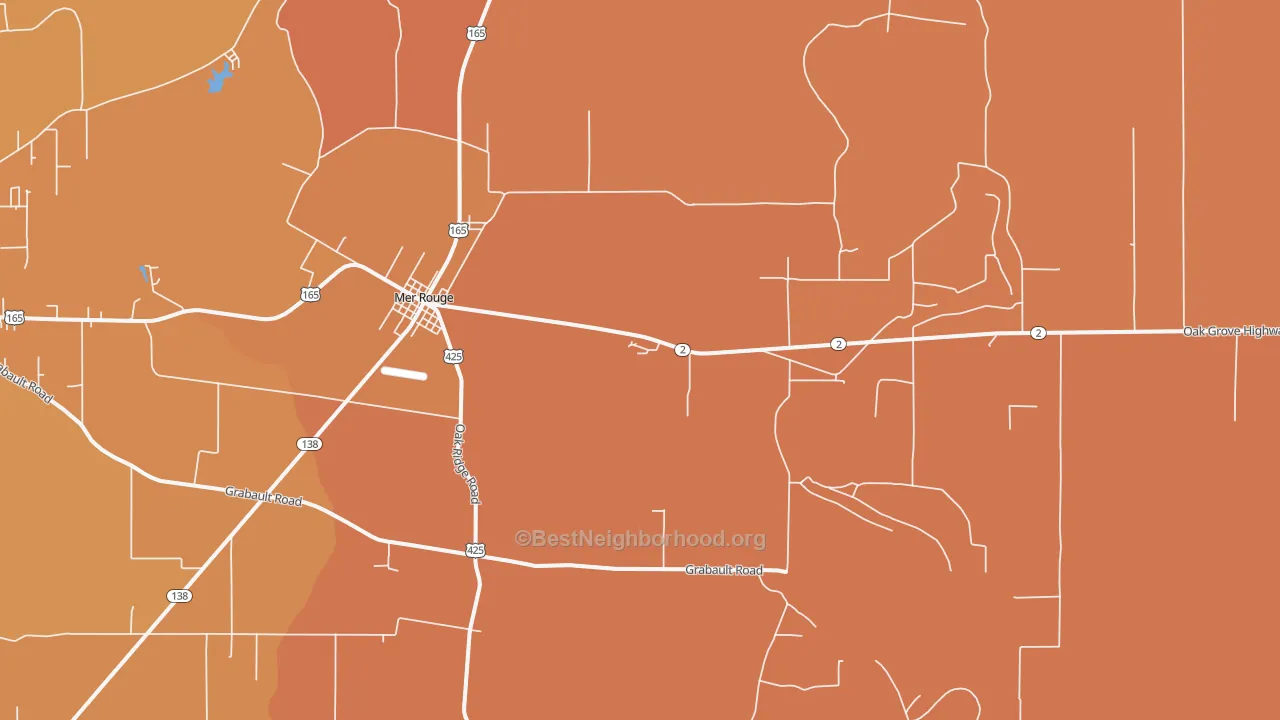 Map of the best neighborhoods in the Mer Rouge area, with better matches in green and worse matches in red