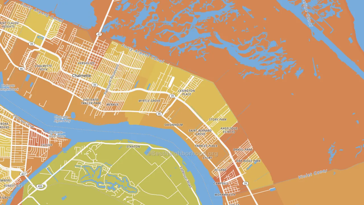 Map of the best neighborhoods in the Meraux area, with better matches in green and worse matches in red