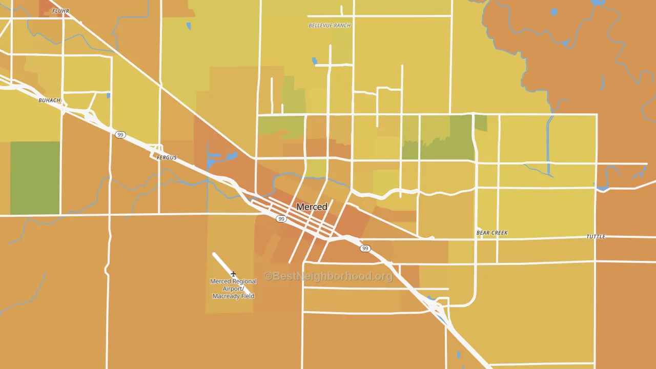 Map of the best neighborhoods in the Merced Metro area, with better matches in green and worse matches in red