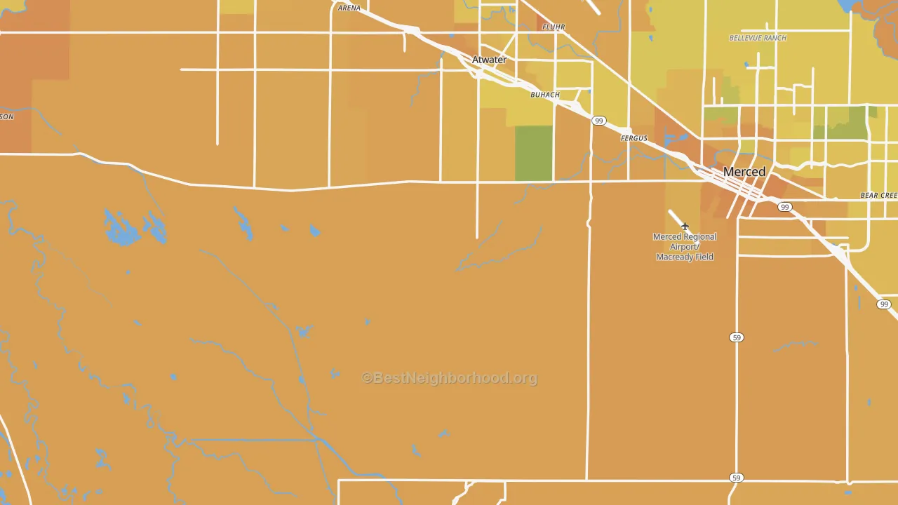 Map of the best neighborhoods in the Merced County area, with better matches in green and worse matches in red