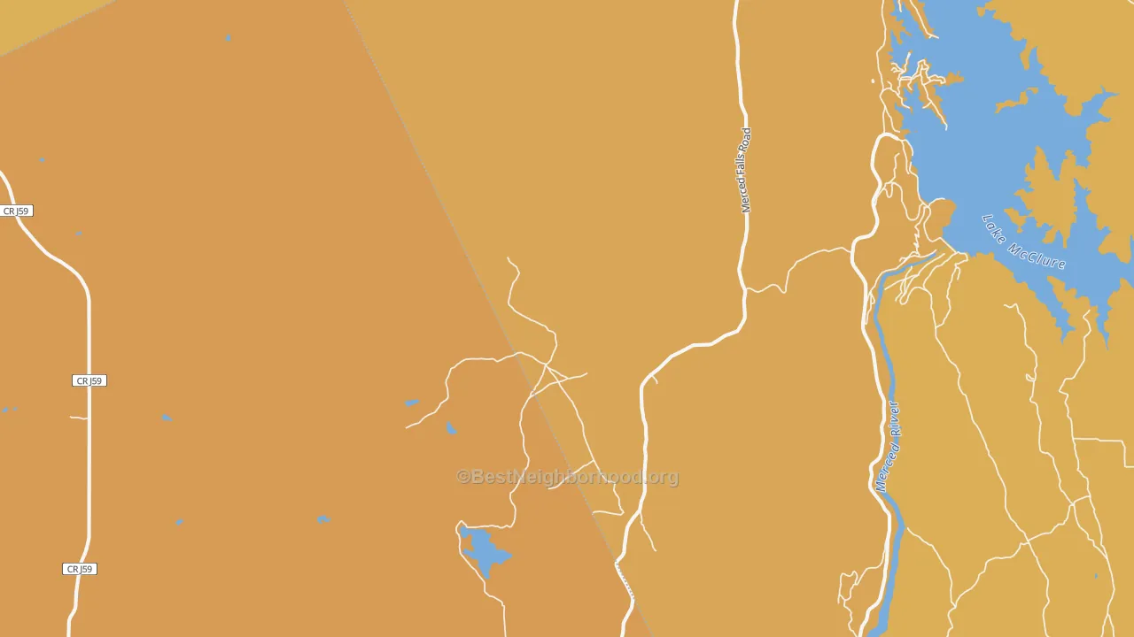 Map of the best neighborhoods in the Merced Falls area, with better matches in green and worse matches in red