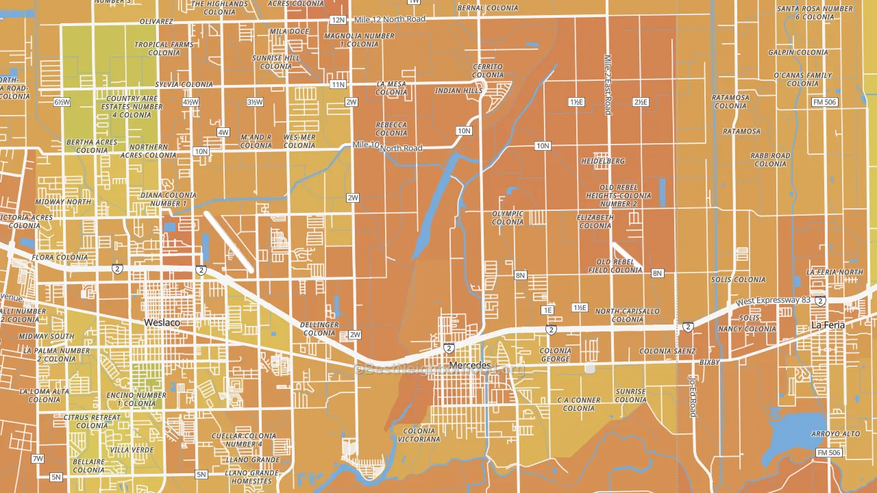 Map of the best neighborhoods in the Mercedes area, with better matches in green and worse matches in red