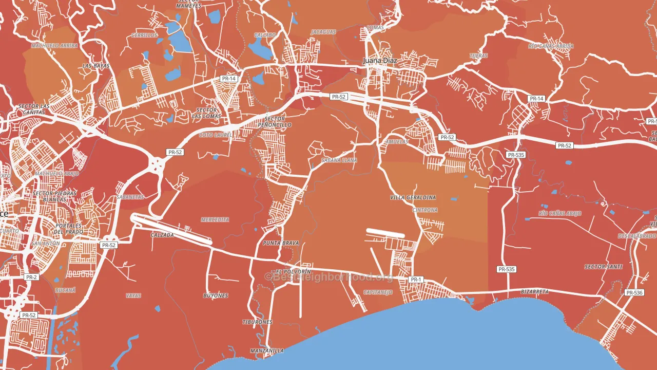 Map of the best neighborhoods in the Mercedita area, with better matches in green and worse matches in red