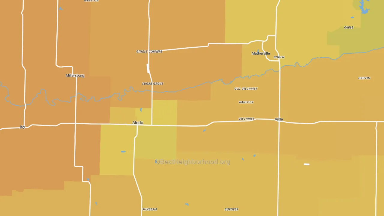 Map of the best neighborhoods in the Mercer County area, with better matches in green and worse matches in red