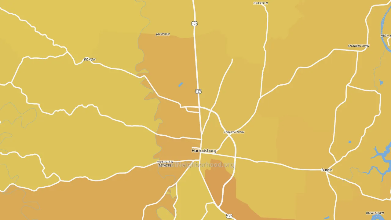 Map of the best neighborhoods in the Mercer County area, with better matches in green and worse matches in red