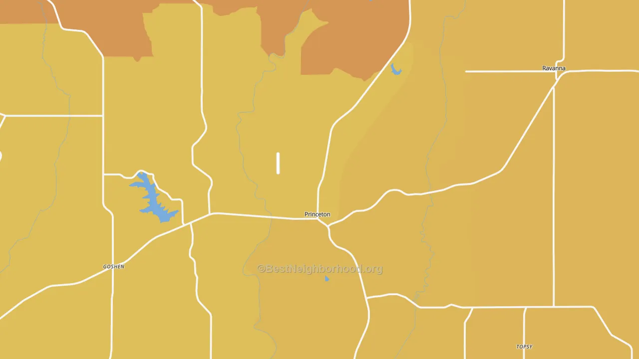 Map of the best neighborhoods in the Mercer County area, with better matches in green and worse matches in red