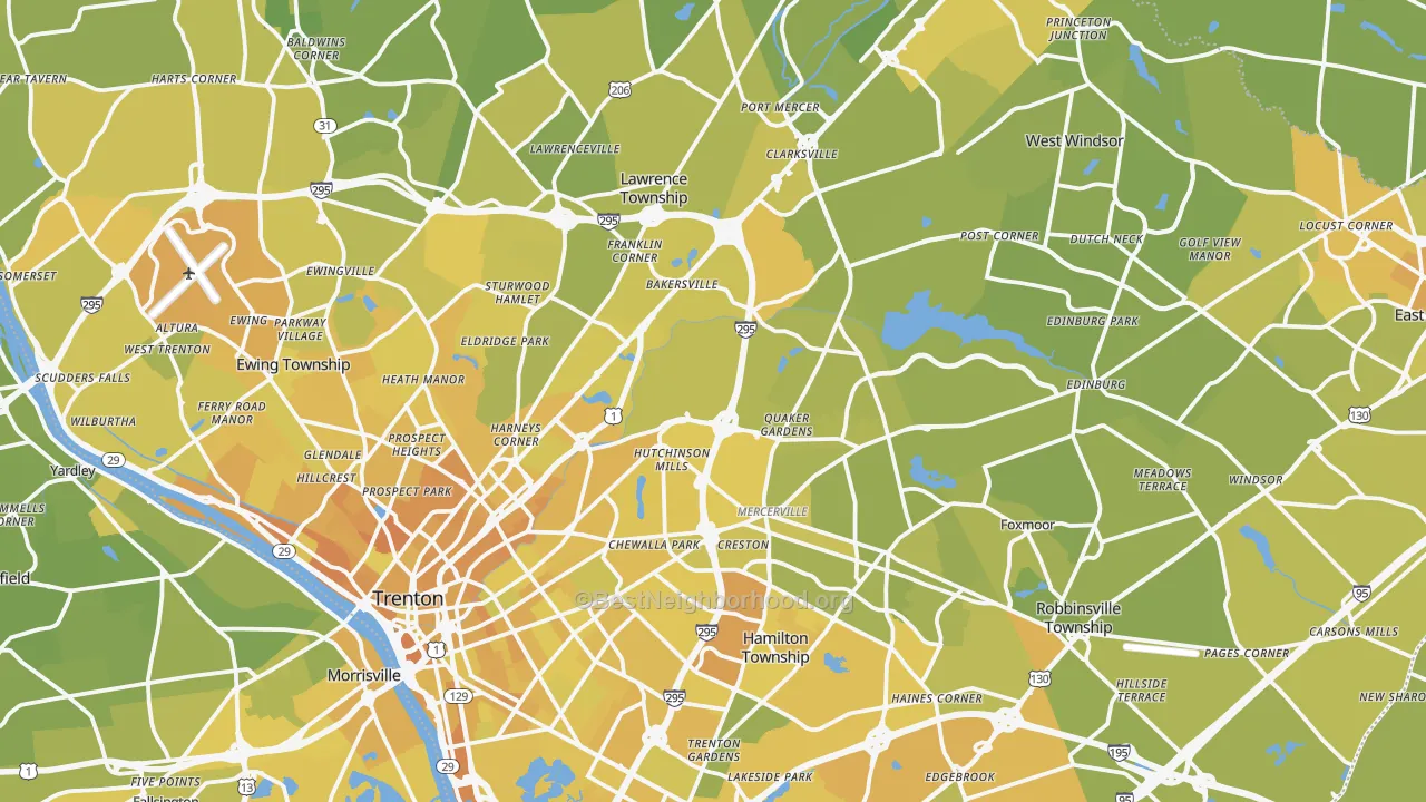 Map of the best neighborhoods in the Mercer County area, with better matches in green and worse matches in red