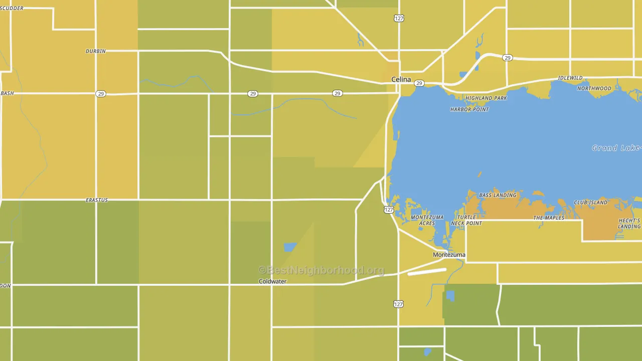 Map of the best neighborhoods in the Mercer County area, with better matches in green and worse matches in red