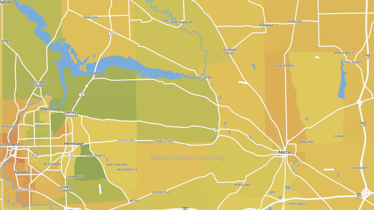 Map of the best neighborhoods in the Mercer County area, with better matches in green and worse matches in red
