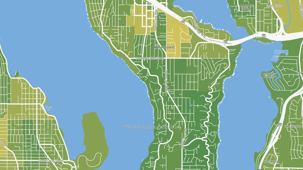 Map of the best neighborhoods in the Mercer Heights, Mercer Island area, with better matches in green and worse matches in red