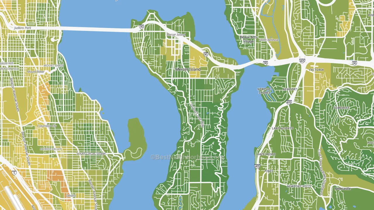 Map of the best neighborhoods in the Mercer Island area, with better matches in green and worse matches in red