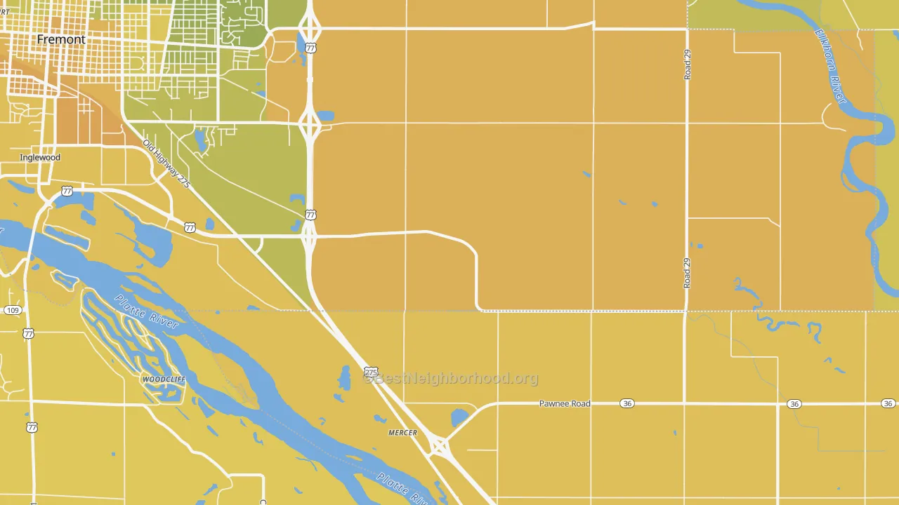 Map of the best neighborhoods in the Mercer area, with better matches in green and worse matches in red