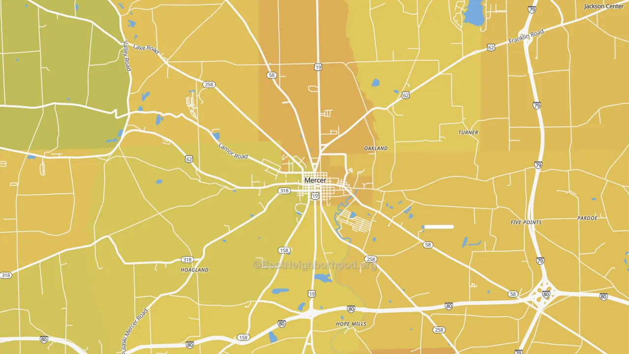 Map of the best neighborhoods in the Mercer area, with better matches in green and worse matches in red