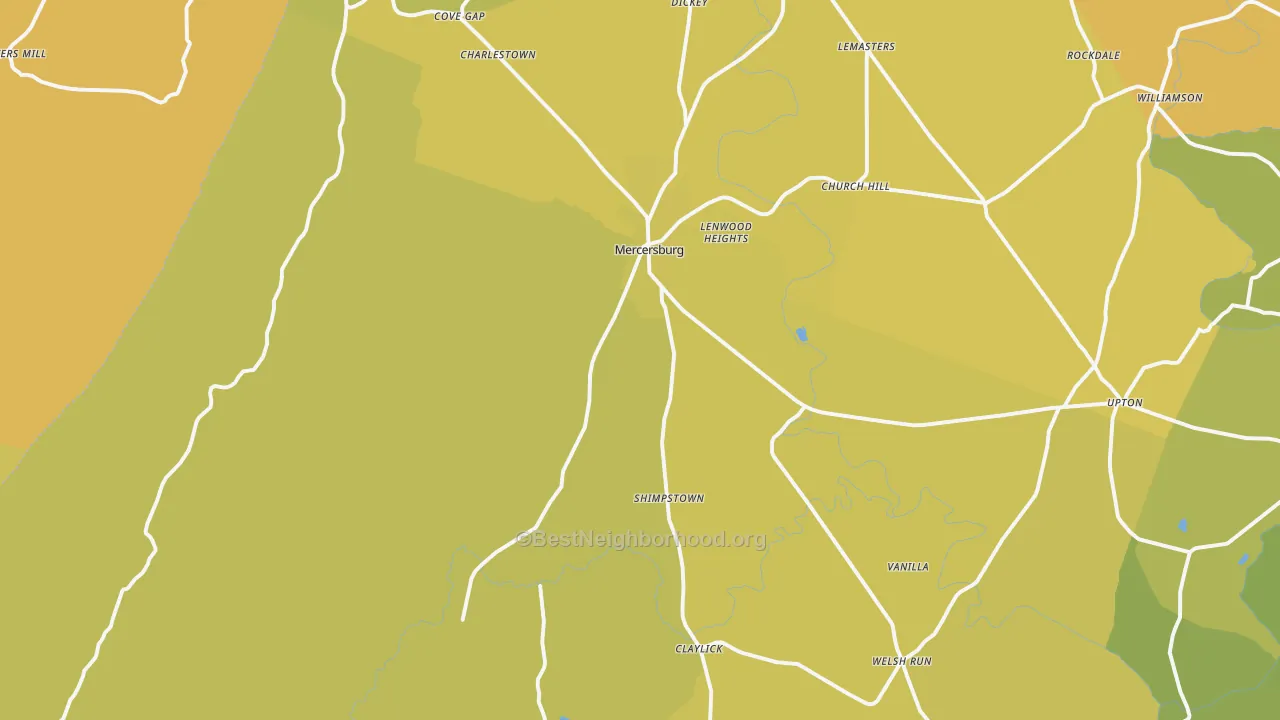 Map of the best neighborhoods in the Mercersburg area, with better matches in green and worse matches in red