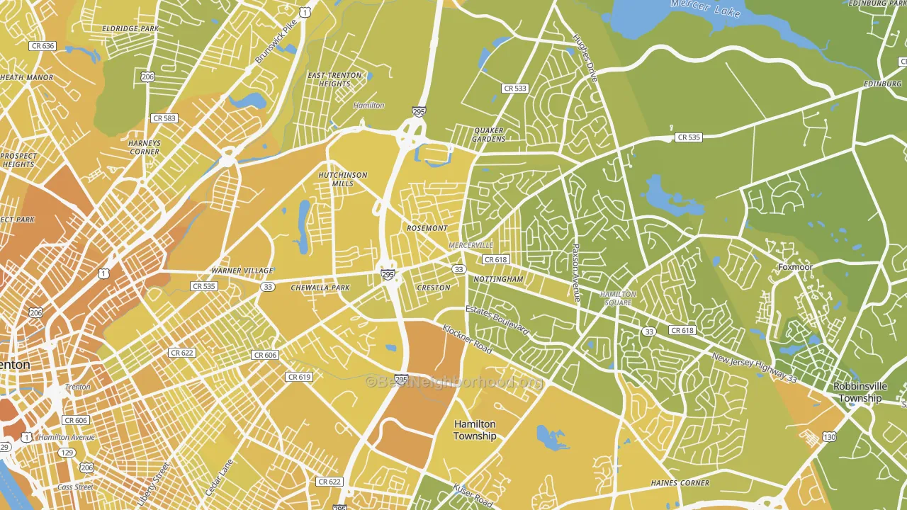 Map of the best neighborhoods in the Mercerville area, with better matches in green and worse matches in red