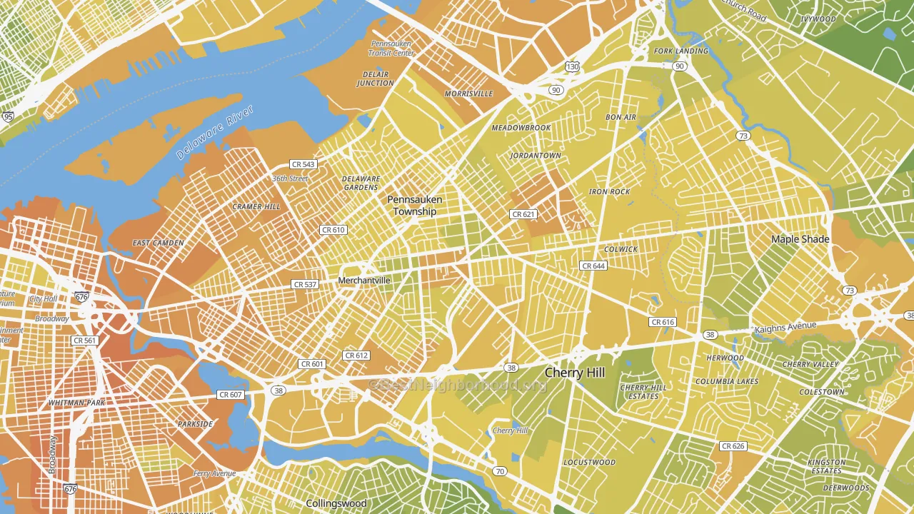 Map of the best neighborhoods in the Merchantville area, with better matches in green and worse matches in red