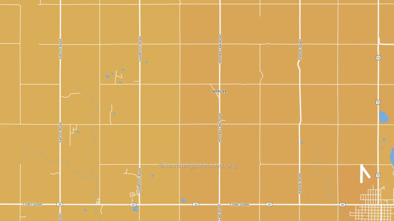 Map of the best neighborhoods in the Mercier area, with better matches in green and worse matches in red