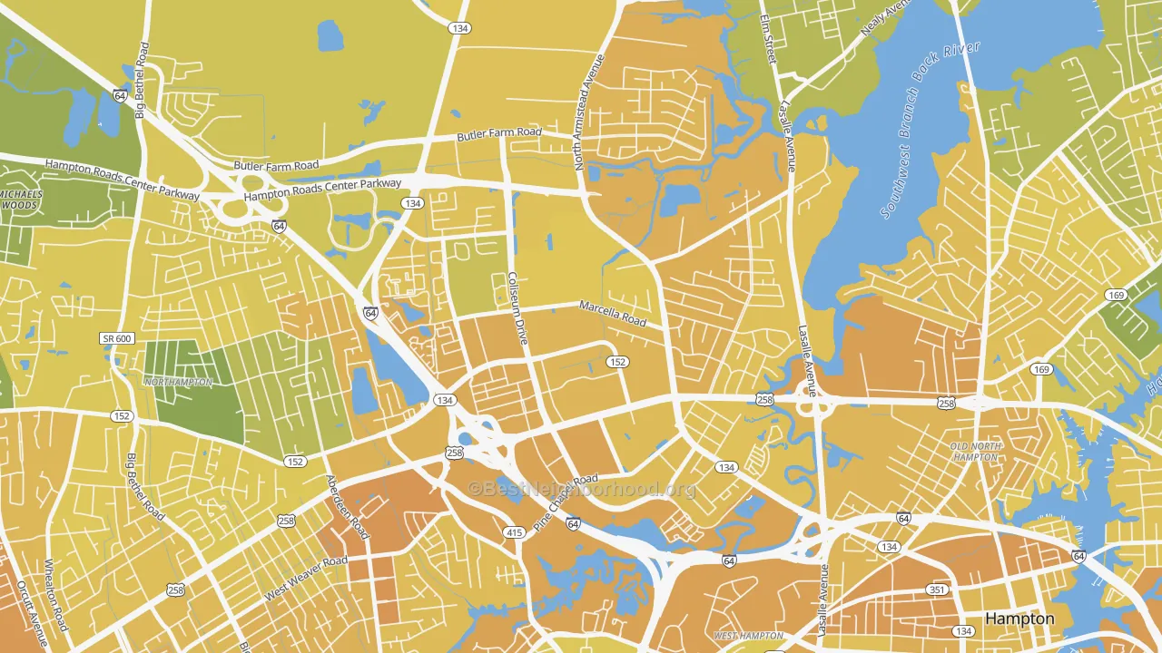 Map of the best neighborhoods in the Mercury Central, Hampton area, with better matches in green and worse matches in red