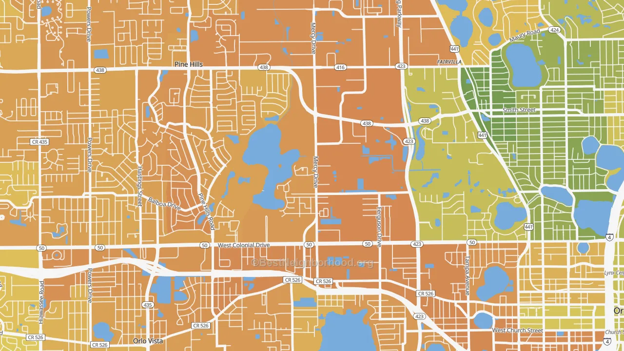 Map of the best neighborhoods in the Mercy Drive, Orlando area, with better matches in green and worse matches in red