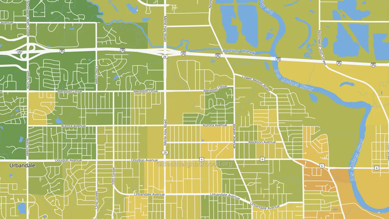 Map of the best neighborhoods in the Meredith, Des Moines area, with better matches in green and worse matches in red