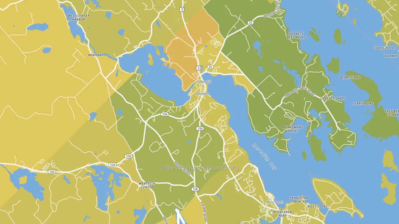 Map of the best neighborhoods in the Meredith area, with better matches in green and worse matches in red
