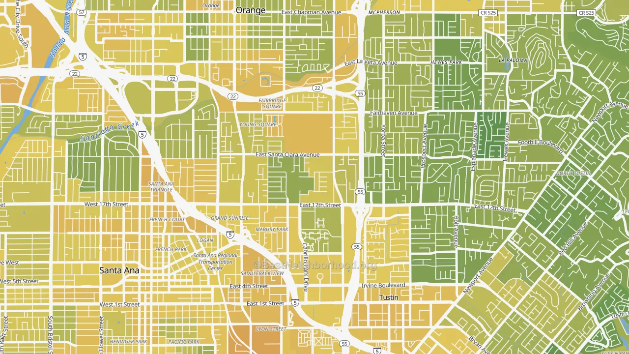 Map of the best neighborhoods in the Meredith Parkwood, Santa Ana area, with better matches in green and worse matches in red