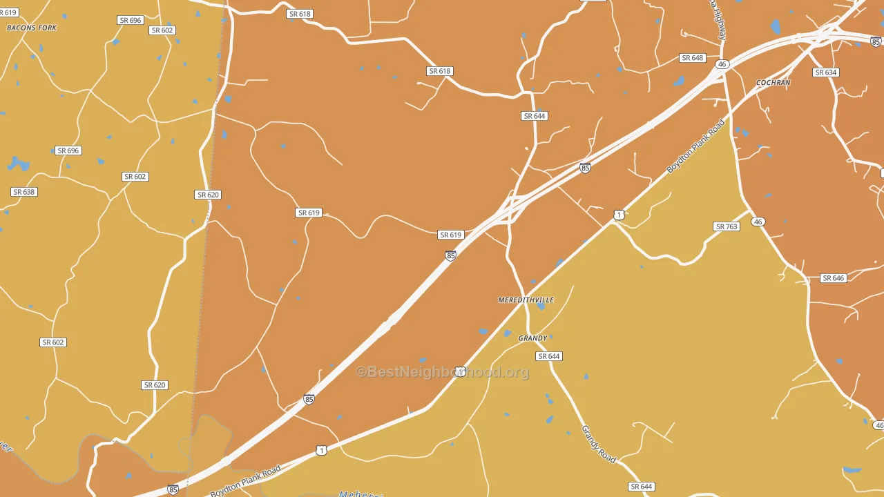 Map of the best neighborhoods in the Meredithville area, with better matches in green and worse matches in red