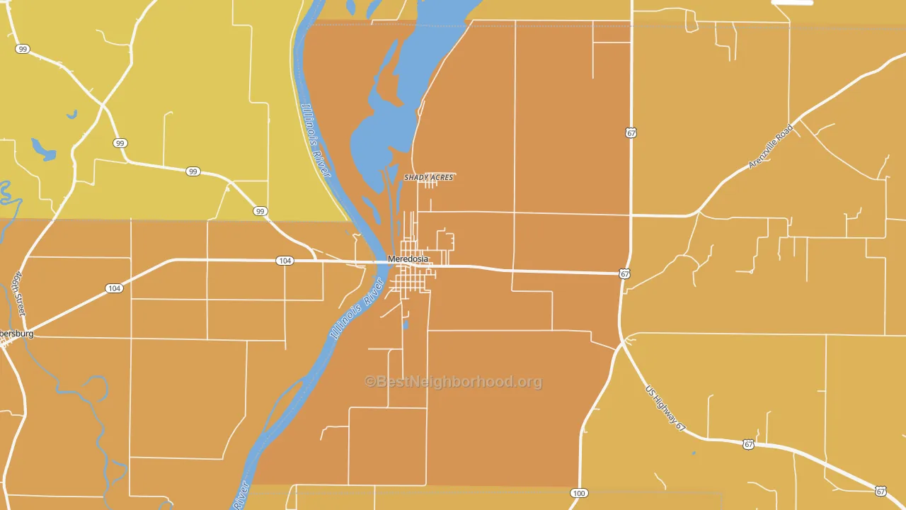 Map of the best neighborhoods in the Meredosia area, with better matches in green and worse matches in red