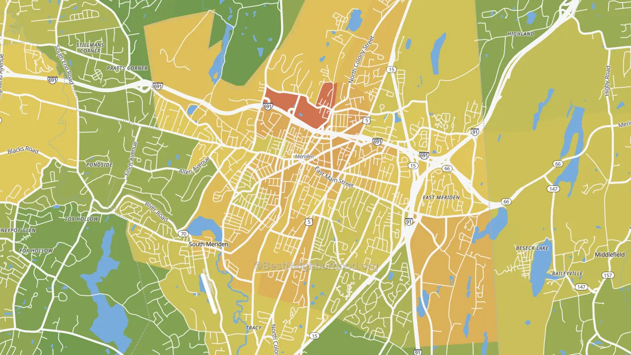 Map of the best neighborhoods in the Meriden area, with better matches in green and worse matches in red