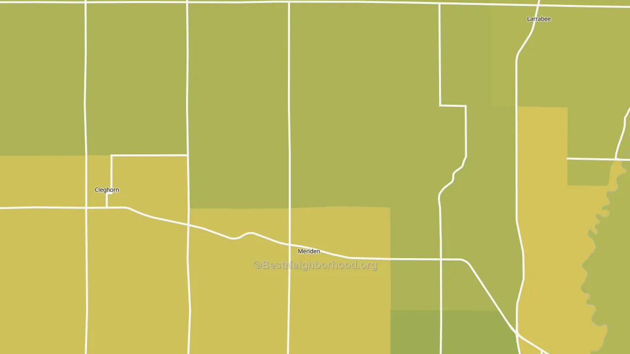 Map of the best neighborhoods in the Meriden area, with better matches in green and worse matches in red
