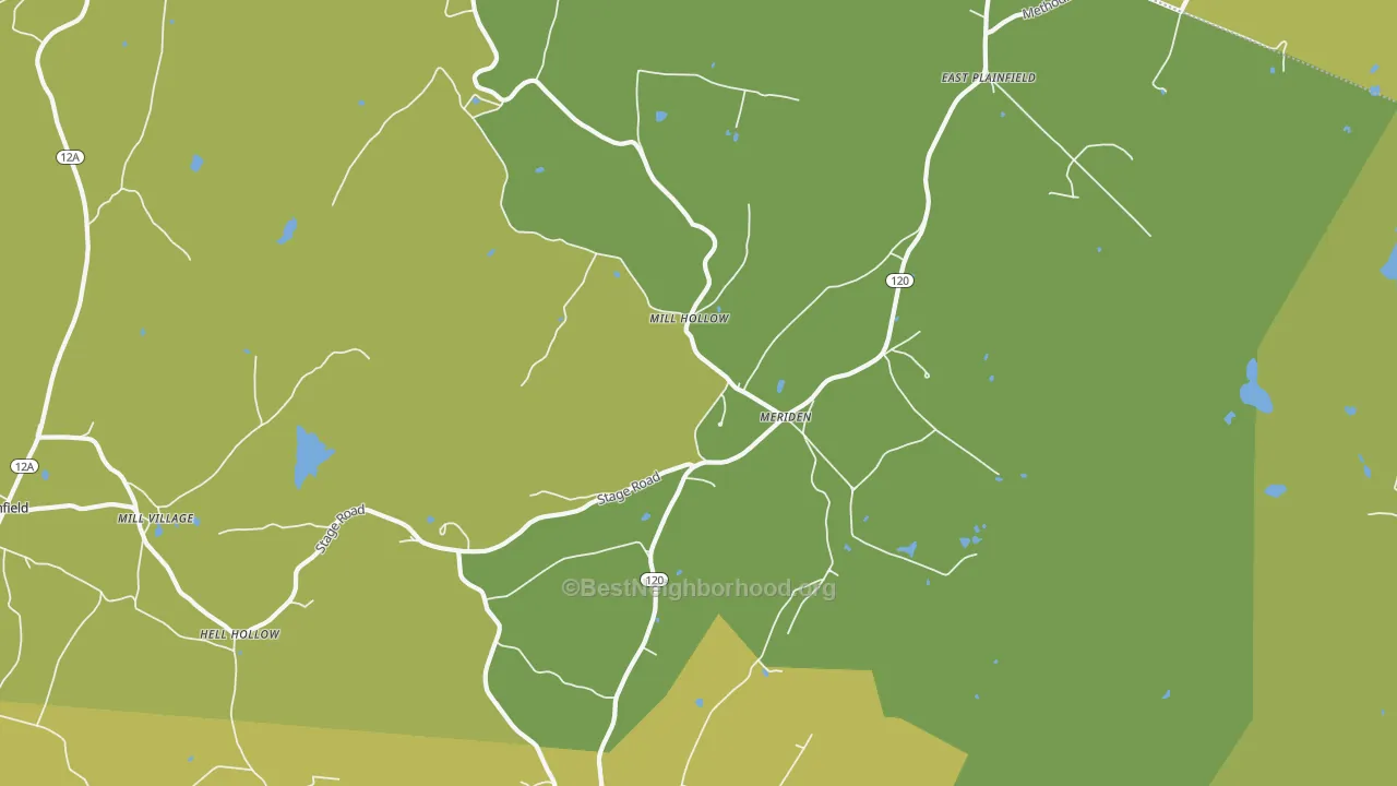 Map of the best neighborhoods in the Meriden area, with better matches in green and worse matches in red