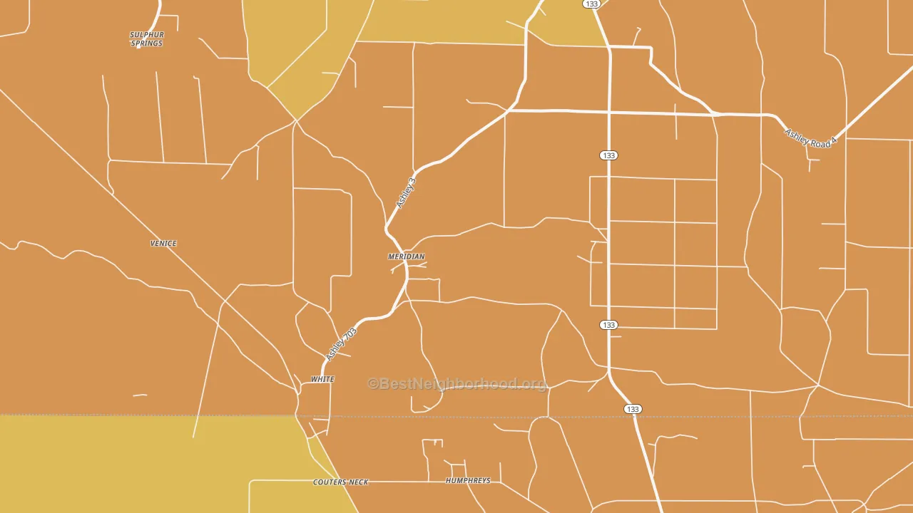 Map of the best neighborhoods in the Meridian area, with better matches in green and worse matches in red