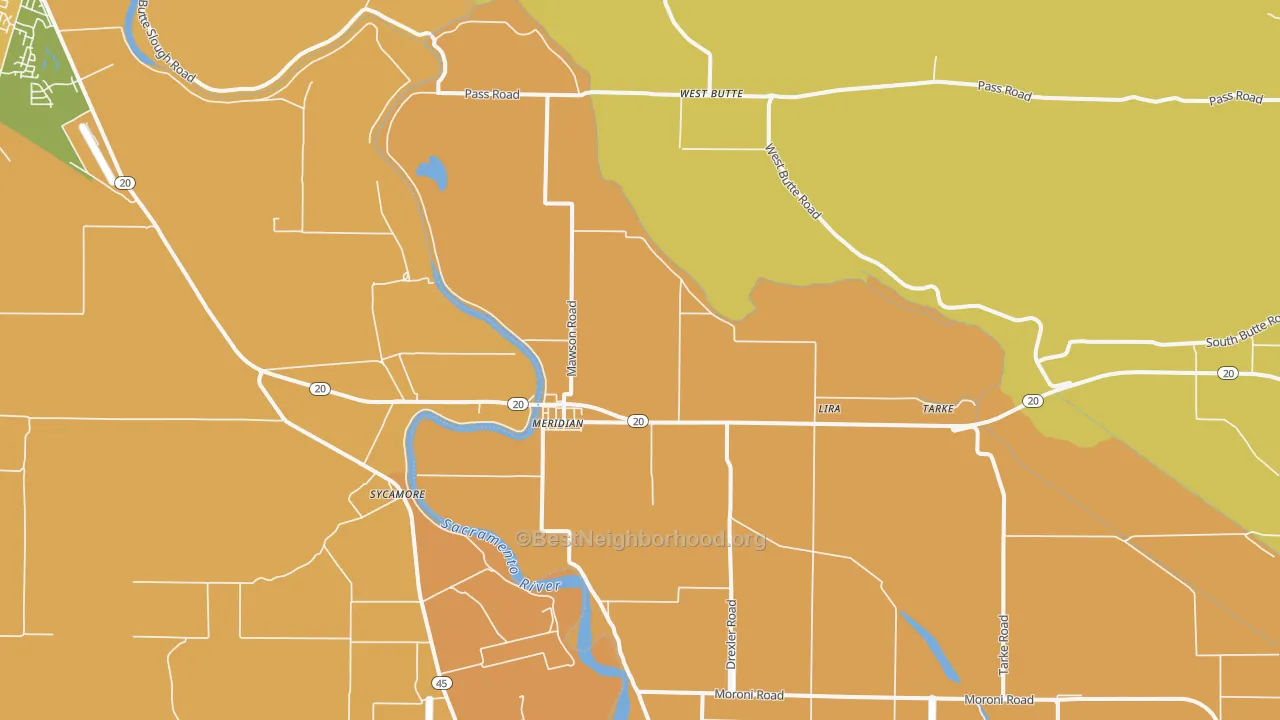 Map of the best neighborhoods in the Meridian area, with better matches in green and worse matches in red