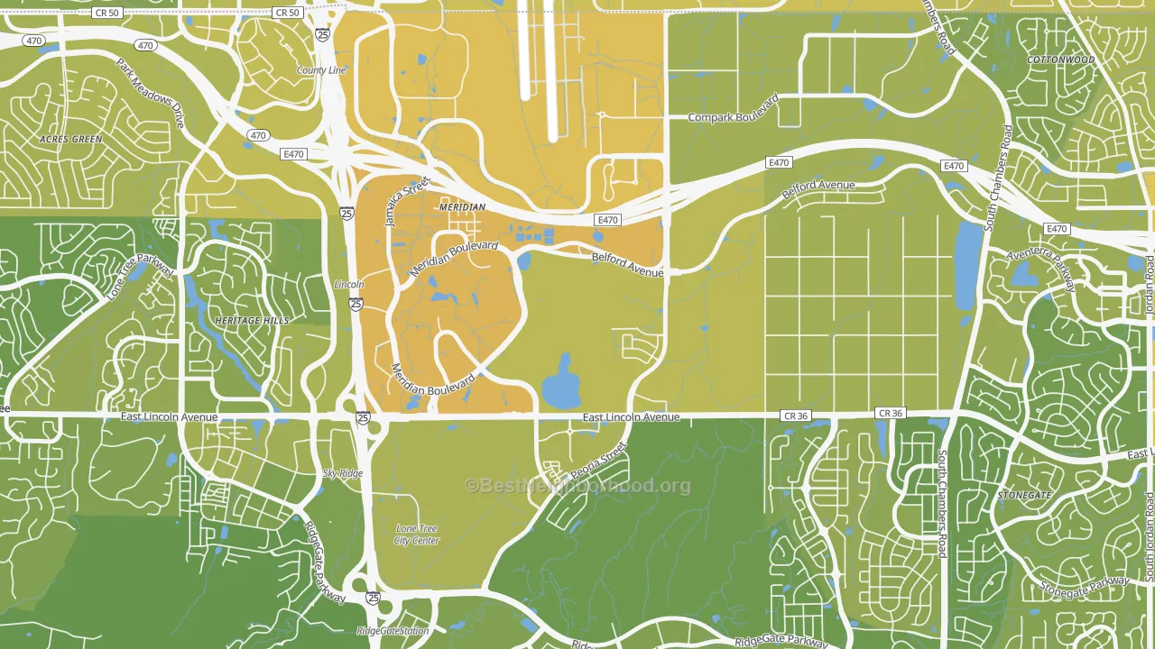 Map of the best neighborhoods in the Meridian area, with better matches in green and worse matches in red