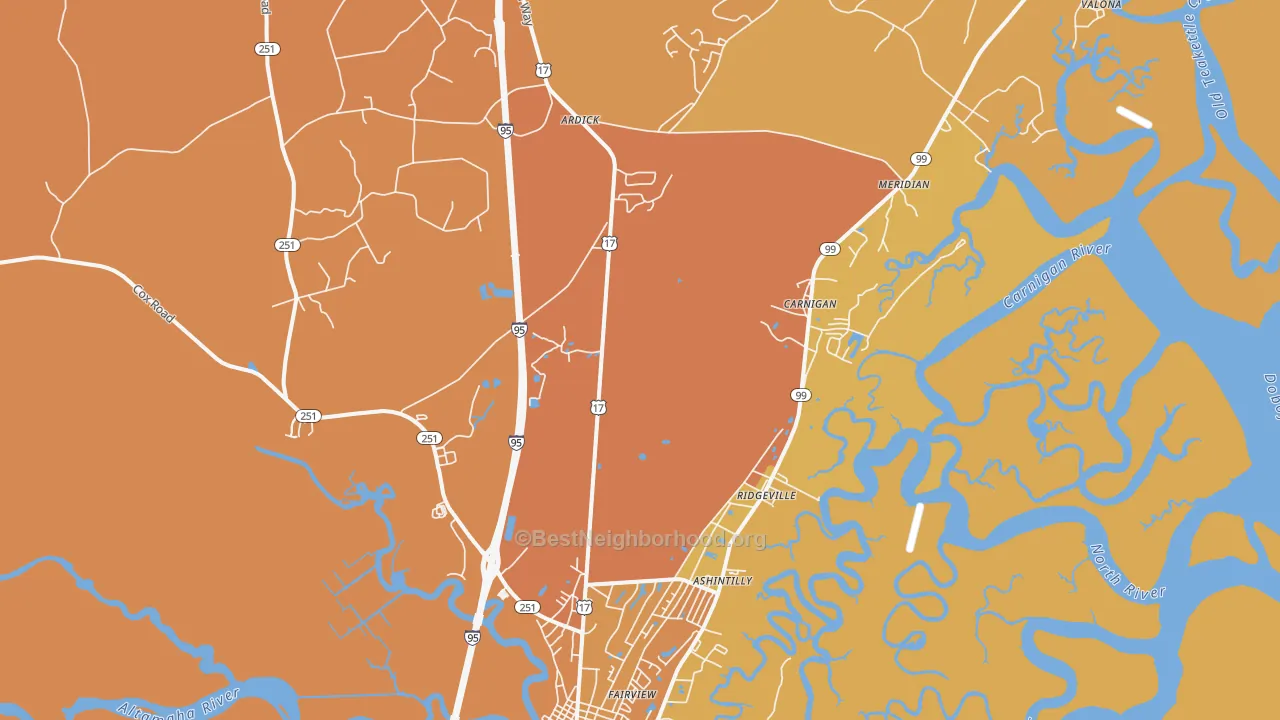 Map of the best neighborhoods in the Meridian area, with better matches in green and worse matches in red