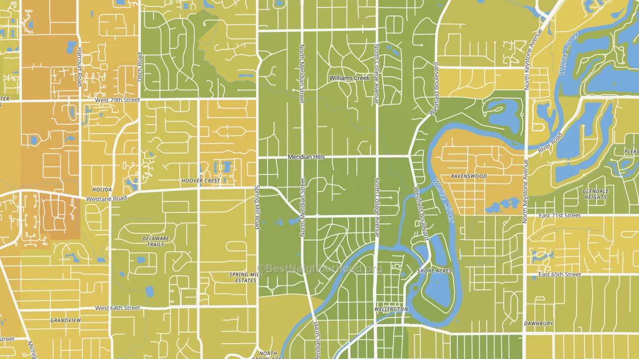Map of the best neighborhoods in the Meridian Hills area, with better matches in green and worse matches in red