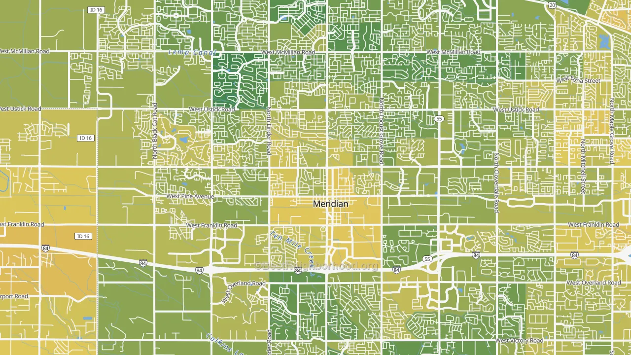 Map of the best neighborhoods in the Meridian area, with better matches in green and worse matches in red